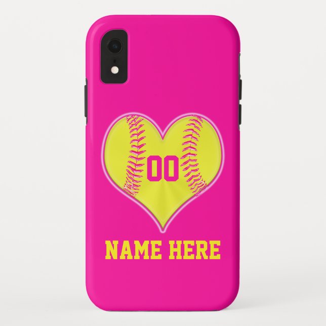 Hot Pink Heart Personalised Softball iPhone Case (Back)