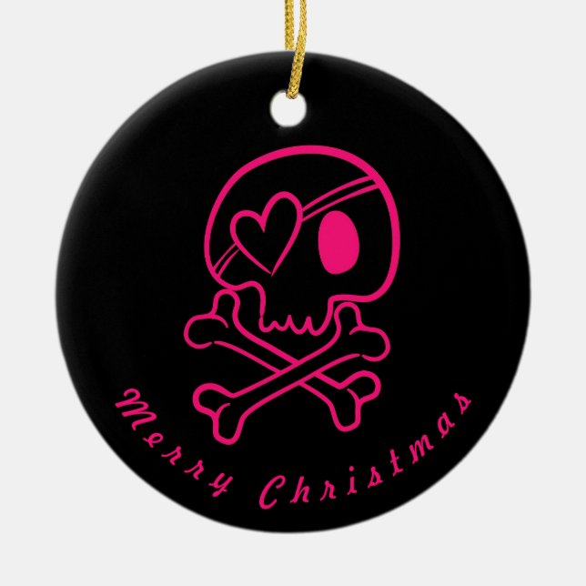 Hot Pink Heart Skull & Crossbones Ornament Round (Front)