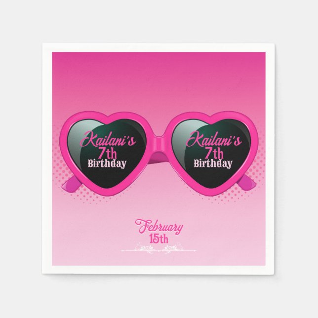 Hot Pink Heart Sunglasses Birthday Napkin (Front)