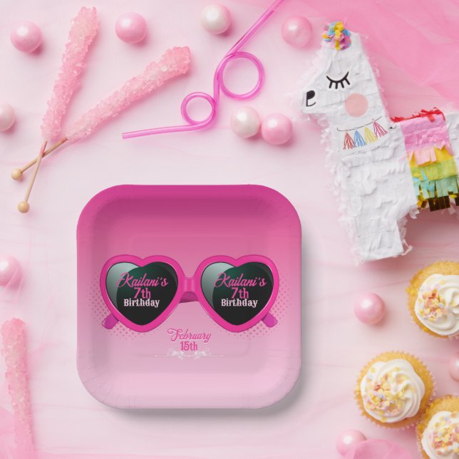 Hot Pink Heart Sunglasses Birthday Paper Plate (Party)