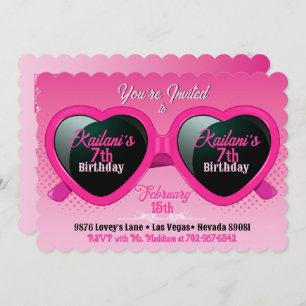 Hot Pink Heart Sunglasses Birthday Photo Invitation