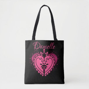 Hot Pink Heart with Sword Fun Girly Tote Bag