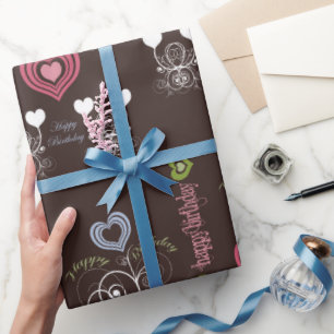 Hot Pink Hearts and Floral Wrapping Paper