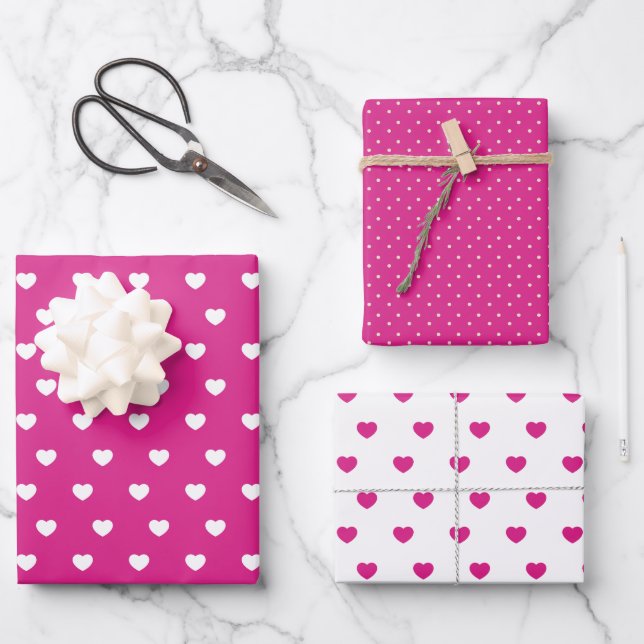 Hot Pink Hearts And Polka Dots Wrapping Paper Sheet (Front)