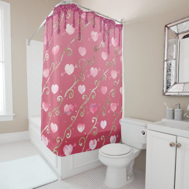 Hot Pink Hearts Dripping Glitter Girly Romantic  Shower Curtain (In Situ)