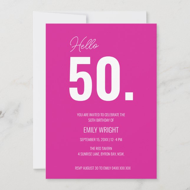 Hot Pink Hello Fifty Birhday Invitation (Front)