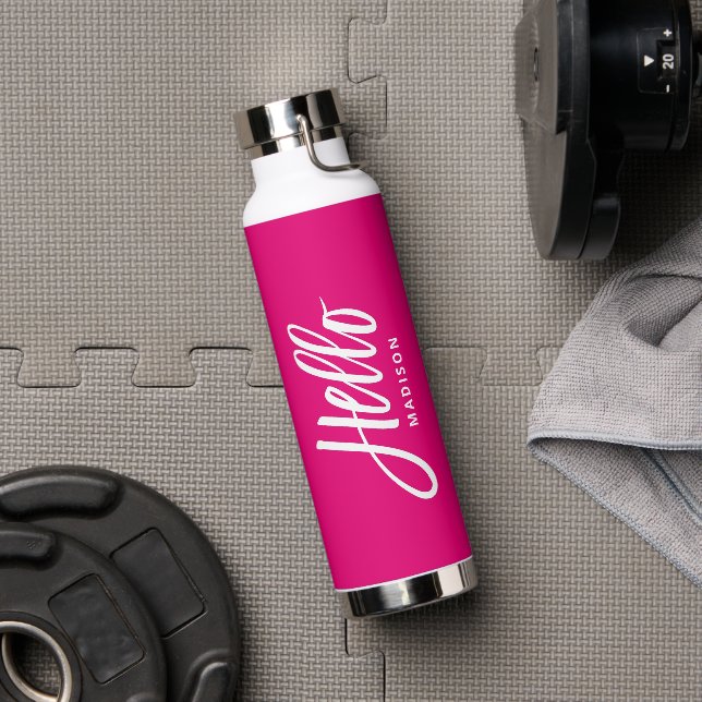 Hot Pink Hello Modern Simple Script with Your Name Water Bottle (Gym)
