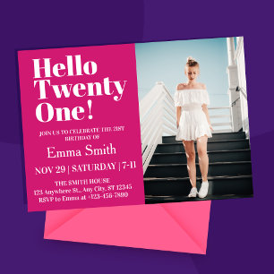 Hot Pink Hello Twenty One 21st Birthday Photo  Invitation