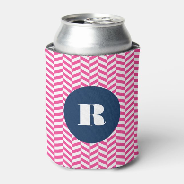 Hot Pink Herringbone Pattern Monogram  Can Cooler (Can Front)