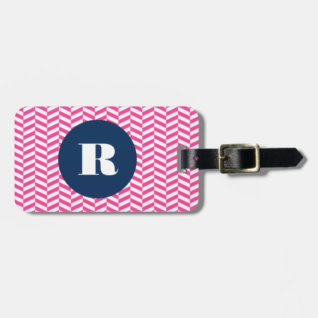 Hot Pink Herringbone Pattern Monogram Luggage Tag (Front Horizontal)
