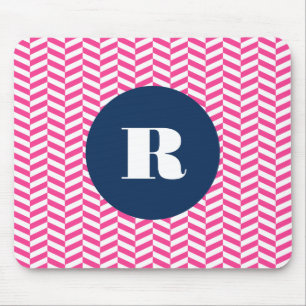 Hot Pink Herringbone Pattern Monogram Mouse Mat