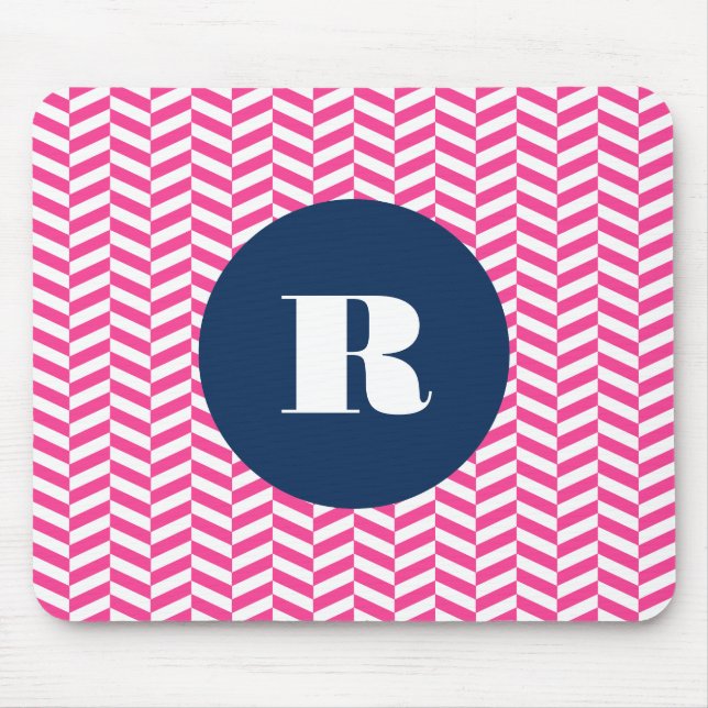 Hot Pink Herringbone Pattern Monogram Mouse Mat (Front)