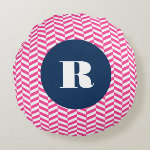 Hot Pink Herringbone Pattern Monogram Round Pillow