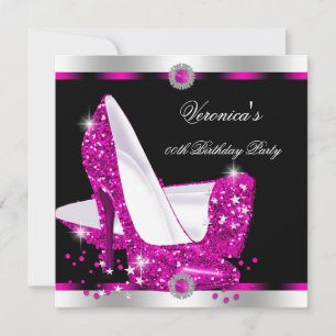 Hot Pink Hi Heels Black Silver Birthday Party Invitation