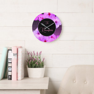 Hot Pink Hibiscus Family Name Keepsake Large Clock