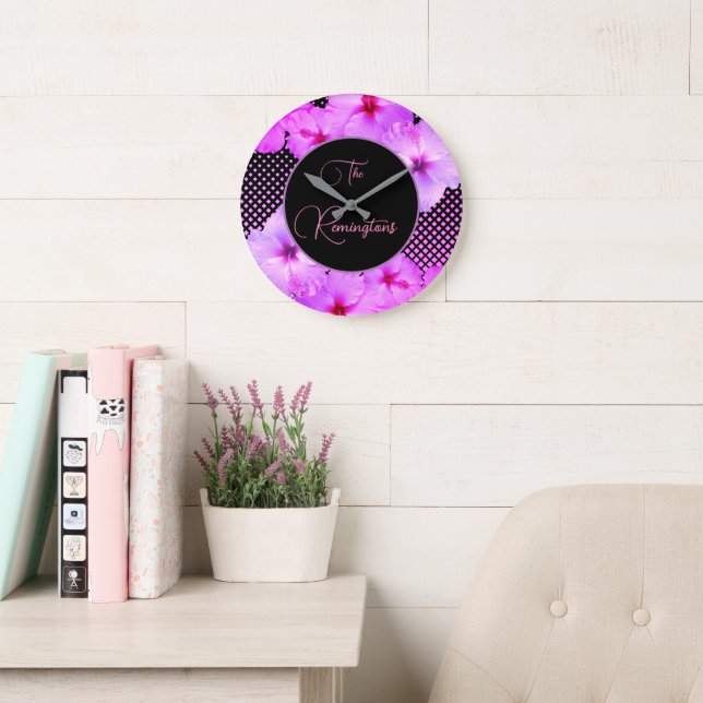 Hot Pink Hibiscus Family Name Keepsake     Large Clock (Reading Room)