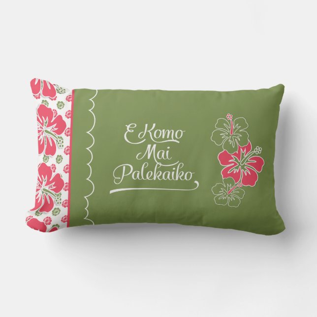 Hot Pink Hibiscus Hawaiian Welcome to Paradise Lumbar Cushion (Front)