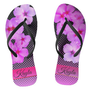 Hot Pink Hibiscus on Black and Pink Chequered Flip Flops