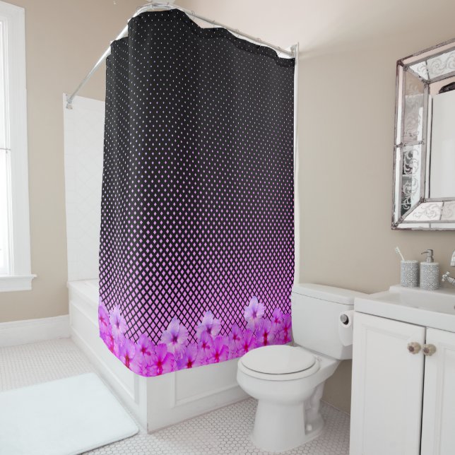 Hot Pink Hibiscus on Black and Pink Chequered Shower Curtain (In Situ)