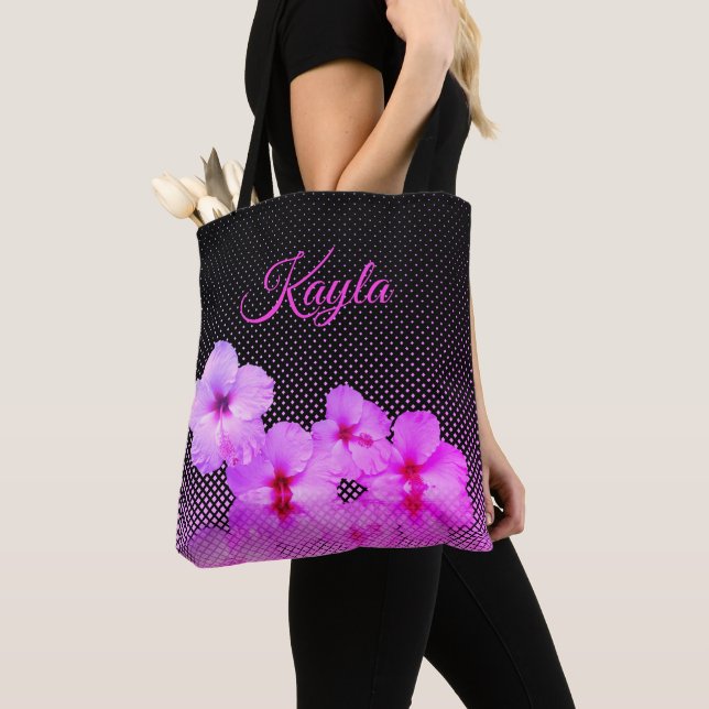 Hot Pink Hibiscus on Black and Pink Chequered Tote Bag (Close Up)