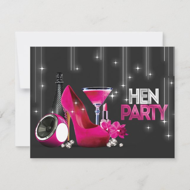 Hot Pink High Heel Champagne Black Hen Party Invitation (Front)