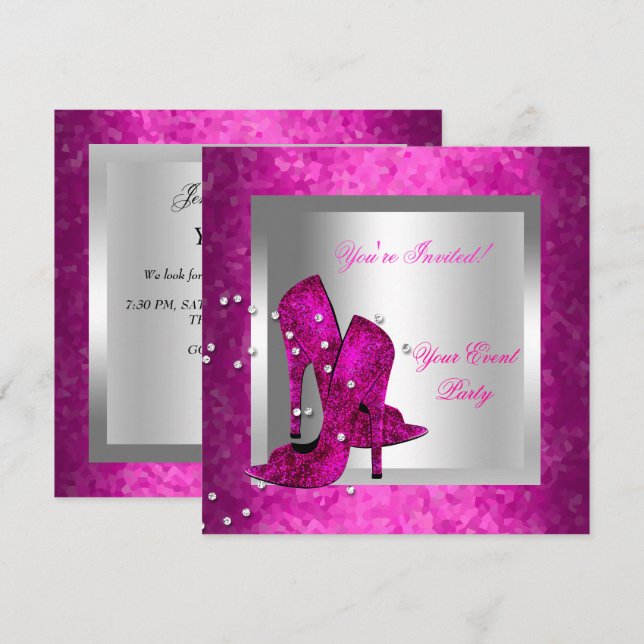 Hot Pink High Heel Shoes Silver Event Party Invitation (Front/Back)