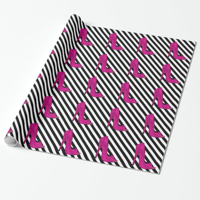 Hot Pink High Heels shoe Black White Stripe Wrapping Paper (Unrolled)