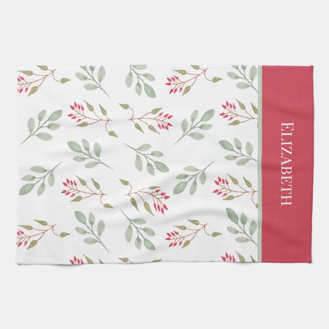 Hot Pink Holly Berry Christmas Tea Towel (Horizontal)