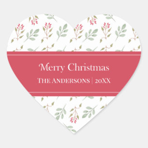 Hot Pink Holly Berry Merry Christmas Gift Heart Sticker