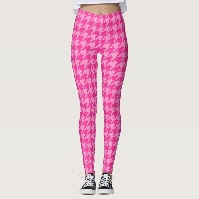 Hot Pink Houndstooth Plaid Design Leggings (Front)