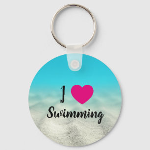 Hot Pink I Love Swimming Blue Underwater Photo Key Ring