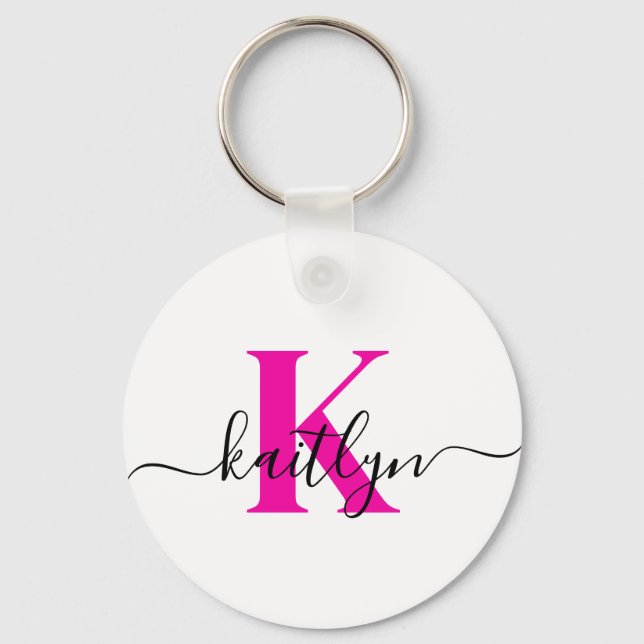 Hot Pink Initial Name Monogrammed Key Ring (Front)