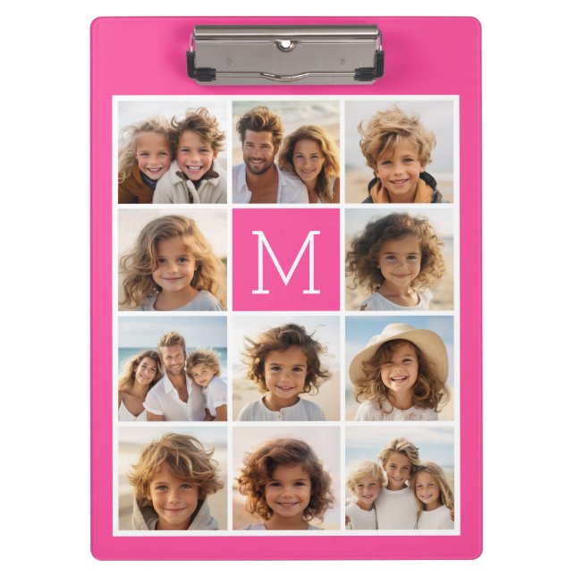 Hot Pink Instagram Photo Collage Custom Monogram Clipboard (Front)