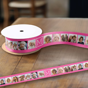 Hot Pink Instagram Photo Collage Custom Monogram Grosgrain Ribbon