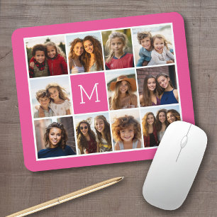 Hot Pink Instagram Photo Collage Custom Monogram Mouse Mat
