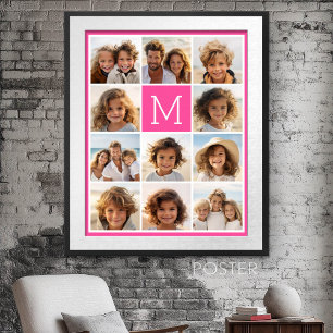Hot Pink Instagram Photo Collage Custom Monogram Poster