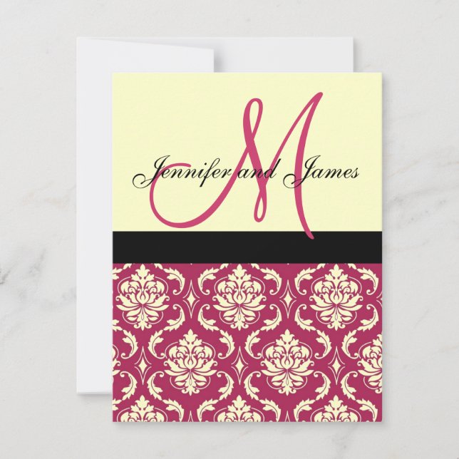 Hot Pink Ivory Damask Monogram Wedding Invitation (Front)