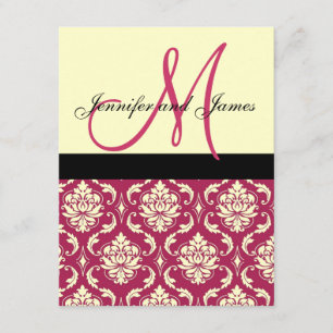 Hot Pink Ivory Damask Monogram Wedding Invitation