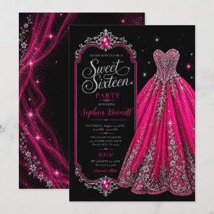 Hot Pink Jewel Sweet 16 Birthday Dress Invitation