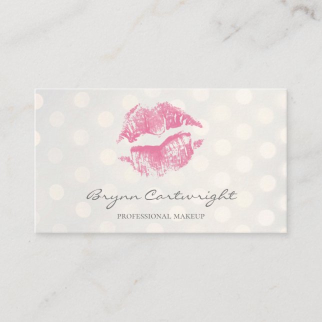 Hot Pink Kiss Lips with Golden Bokeh Dots Makeup Business Card (Front)