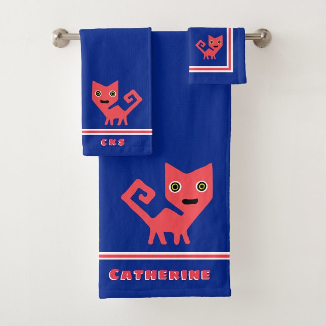 Hot Pink Kitty Cat on Blue Personalised Bath Towel Set (Insitu)