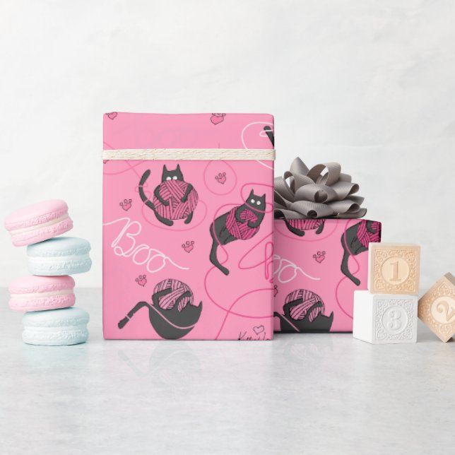 Hot Pink Kitty Love Kittens and Yarn Kids Wrapping Paper (Baby Shower)