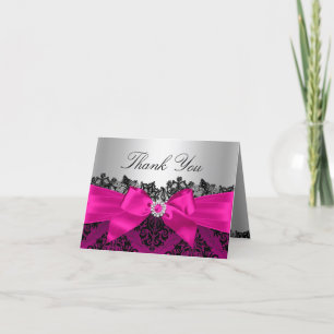 Hot Pink Lace Damask & Bow Thank You Card