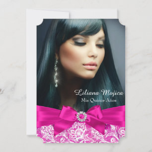 Hot Pink Lace & Jewel Bow Quinceanera Invitation