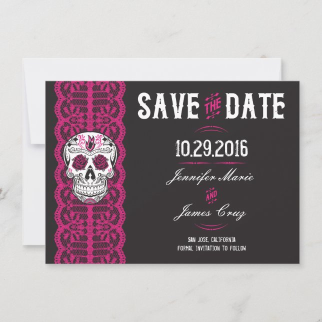 Hot Pink Lace Sugar Skull Save the Dates 4.5x6.25" Date (Front)