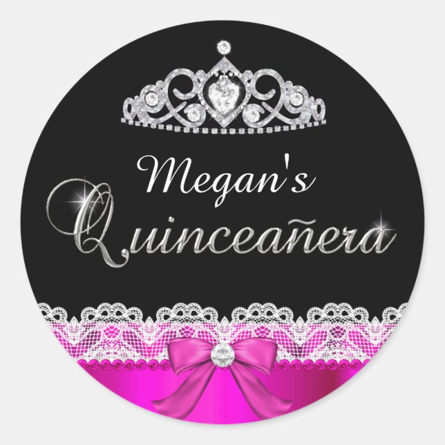 Hot Pink Lace & Tiara Quinceanera Sticker (Front)