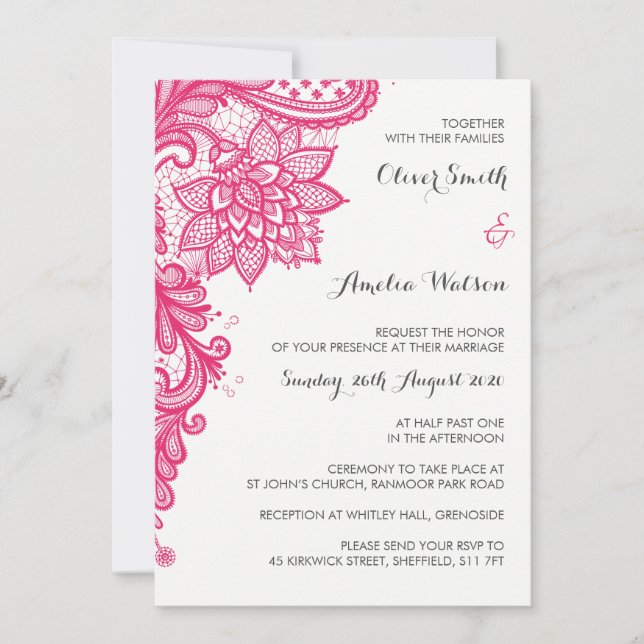 Hot Pink Lace Wedding Invitation (Front)