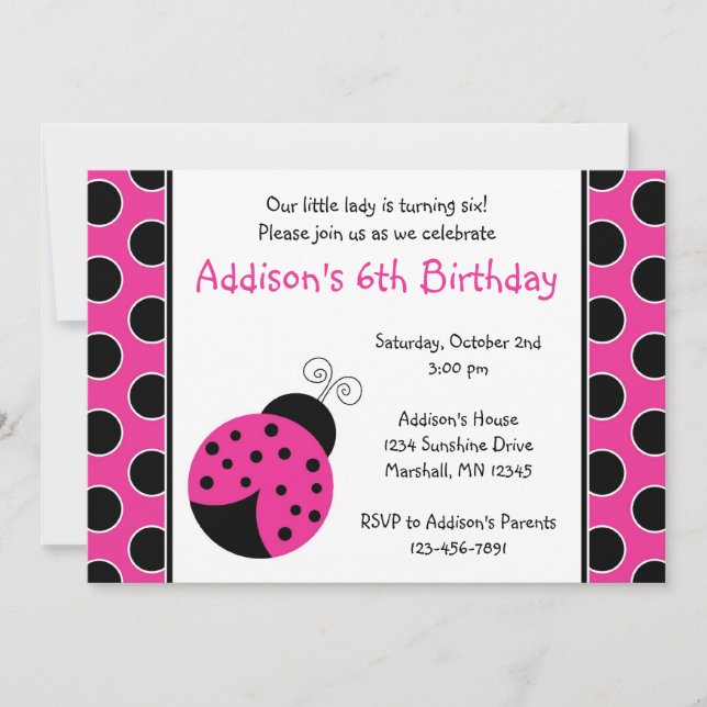 Hot Pink Ladybug Birthday Invitations (Front)