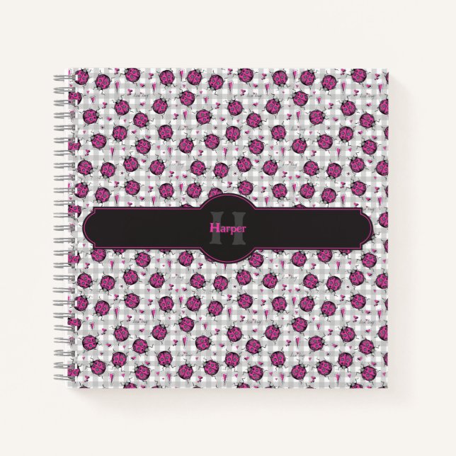 Hot Pink Ladybug Pattern on Grey Gingham Monogram Notebook (Front)