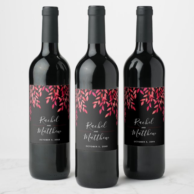 Hot Pink Leaves and Vines on Black Wine Label (Bottles)